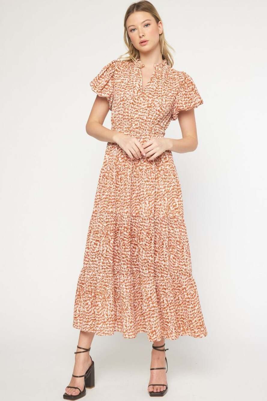 Entro Tiered Maxi Dress Size S Orange Animal Print V-Neck Boho